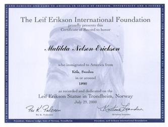 Certificate of Record, Matilda Nilsson-Erickson